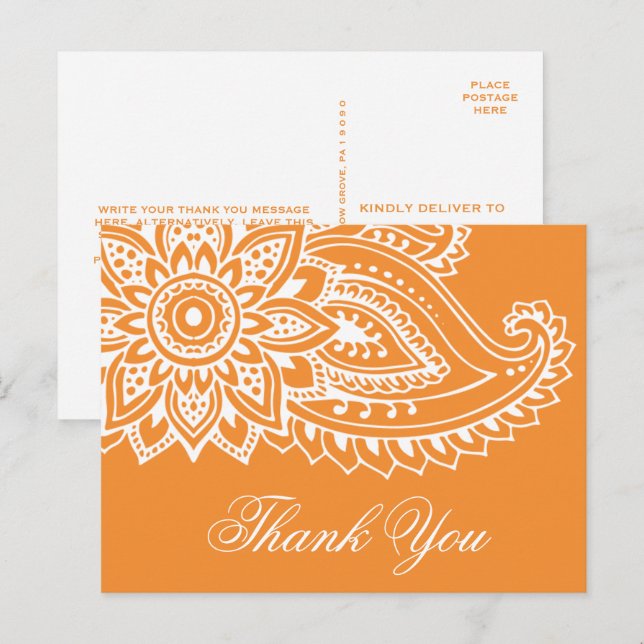 Orange Indian Paisley Thank You Postcard (Front/Back)