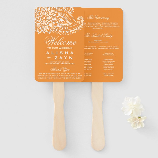 Orange Indian Paisley Wedding Program Hand Fan (Front and Back)