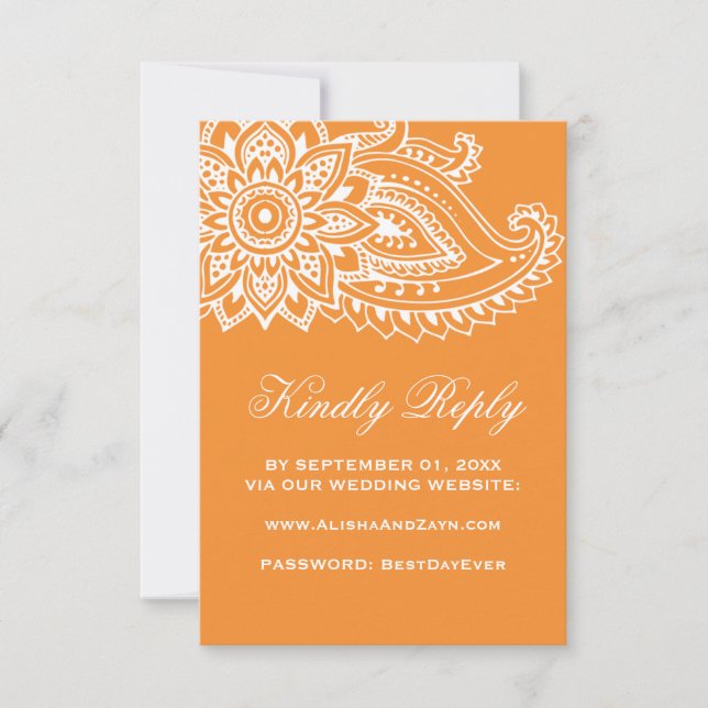 Orange Indian Paisley Wedding Website RSVP Card (Front)