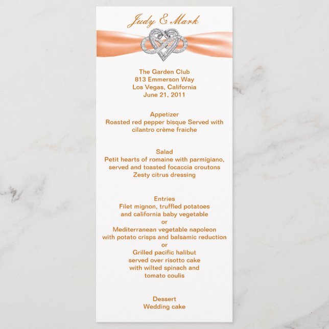 Orange Infinity Heart Wedding Menu Card (Front)