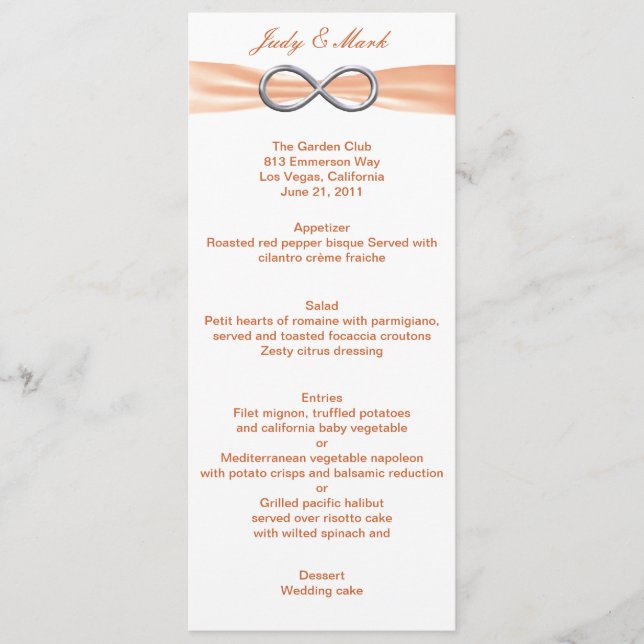 Orange Infinity Wedding Menu Card (Front)
