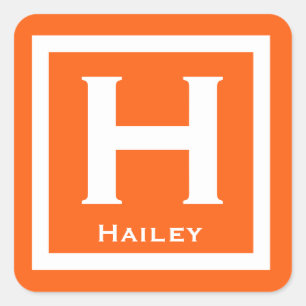 Orange Initial Name Kids Girl Party Back to School Square Sticker
