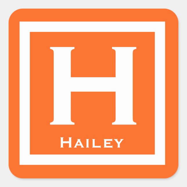 Orange Initial Name Kids Girl Party Back to School Square Sticker (Front)