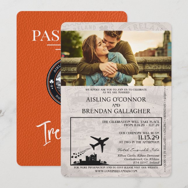Orange Ireland Passport Wedding Invitation (Front/Back)