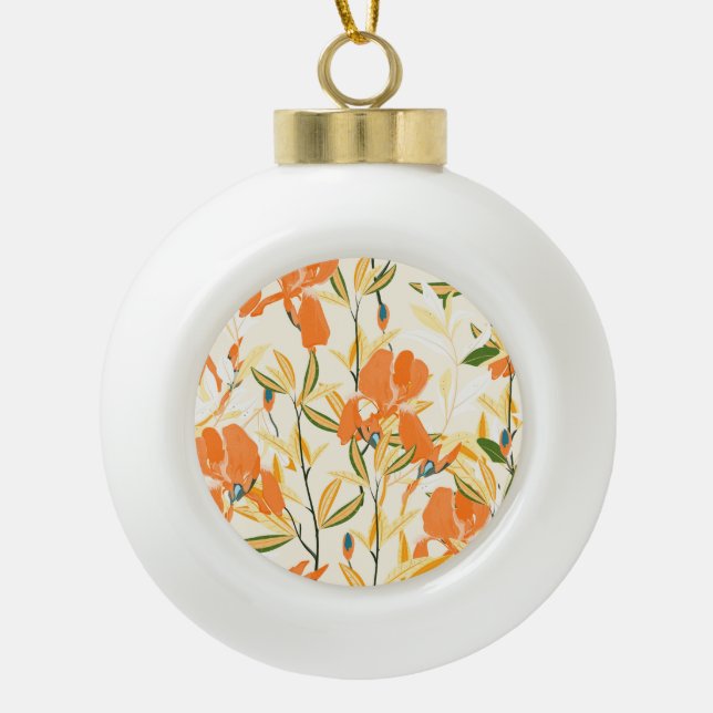 Orange irises: seamless floral pattern ceramic ball christmas ornament (Front)