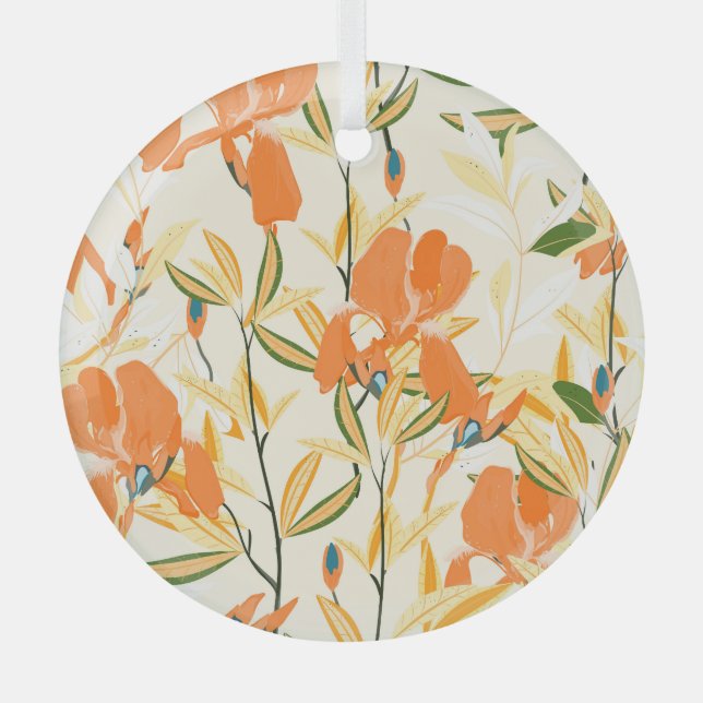 Orange irises: seamless floral pattern glass tree decoration (Front)