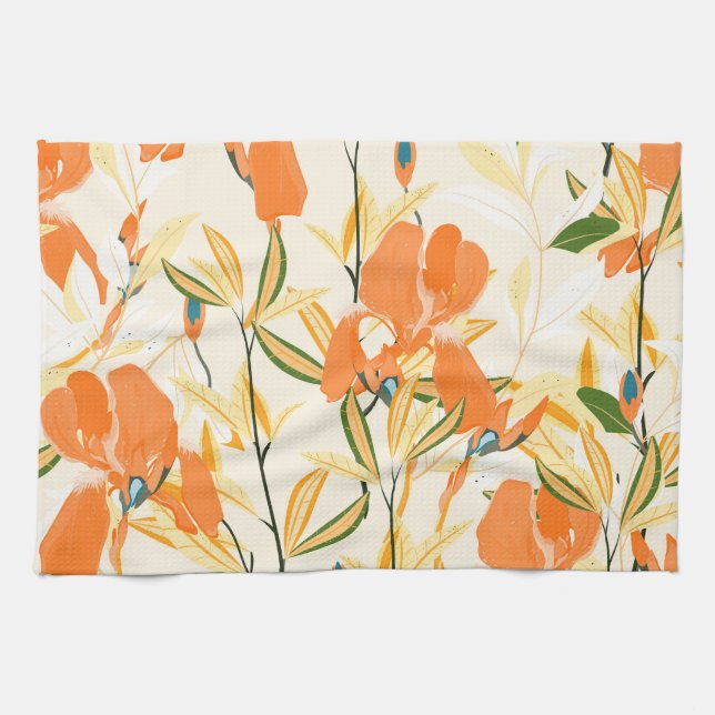 Orange irises: seamless floral pattern tea towel (Horizontal)