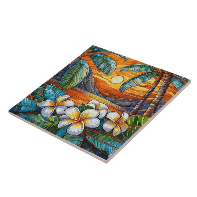 Orange island sunset Stained glass art Tile (Side)