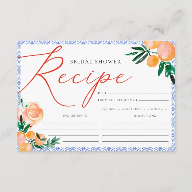 Orange Italian Positano Blue Bridal Shower Recipe Enclosure Card (Front)