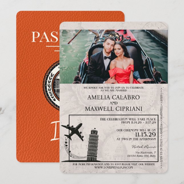Orange Italy Passport Wedding Invitation (Front/Back)