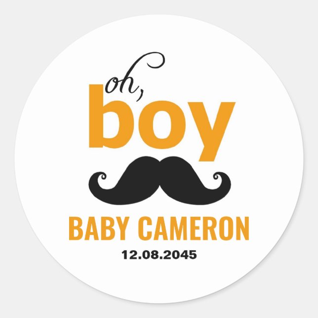 Orange It's a Boy Moustache Baby Shower Sticker (Front)