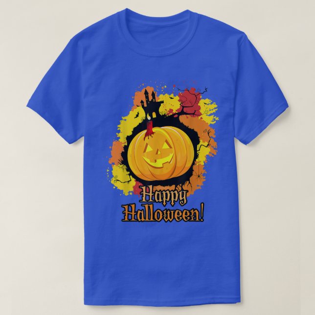Orange JackOLantern Castle Happy Halloween  T-Shirt (Design Front)