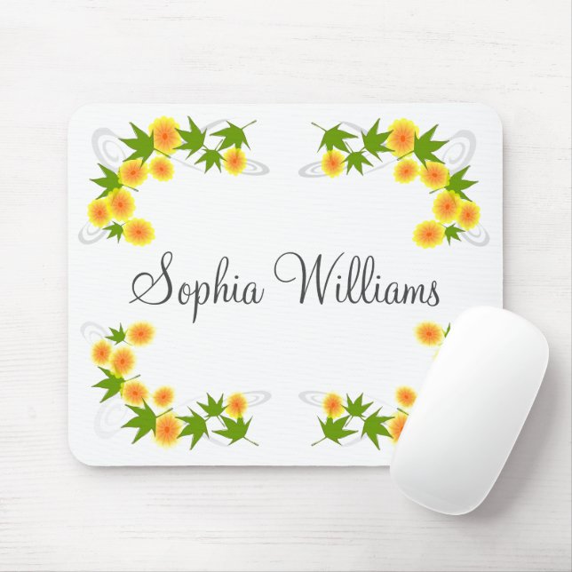 Orange Japanese flowers white Mouse Mat (With Mouse)
