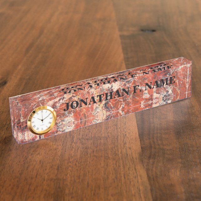 Orange Jasper Stone Desk Name Plate With Clock (Side)