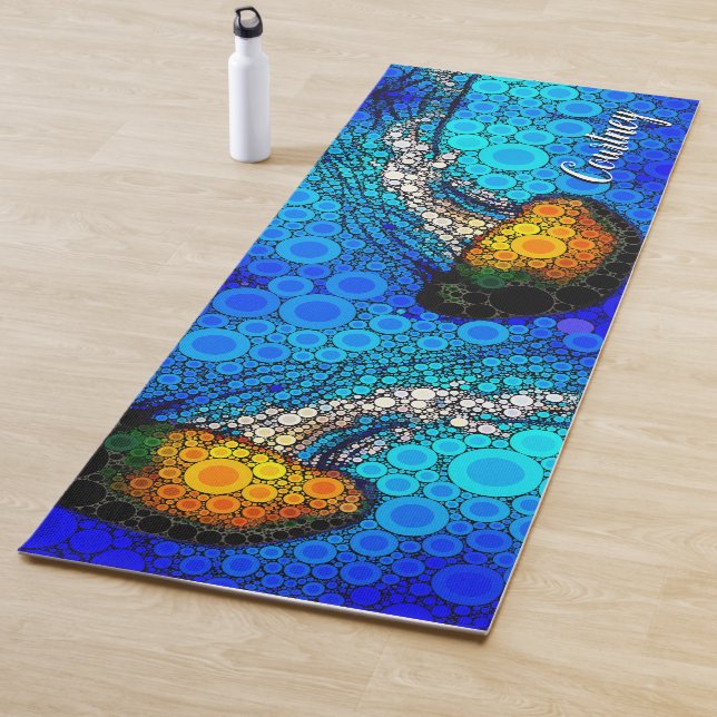 Orange Jellyfish Blue Ocean Custom Name Colourful Yoga Mat (In Situ)