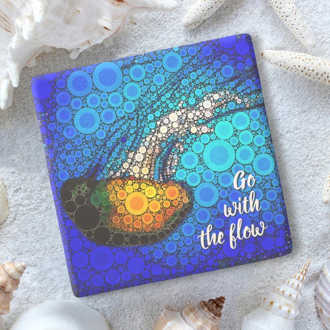 Orange Jellyfish Blue Ocean Go With the Flow Quote Stone Coaster (Creator Uploaded)