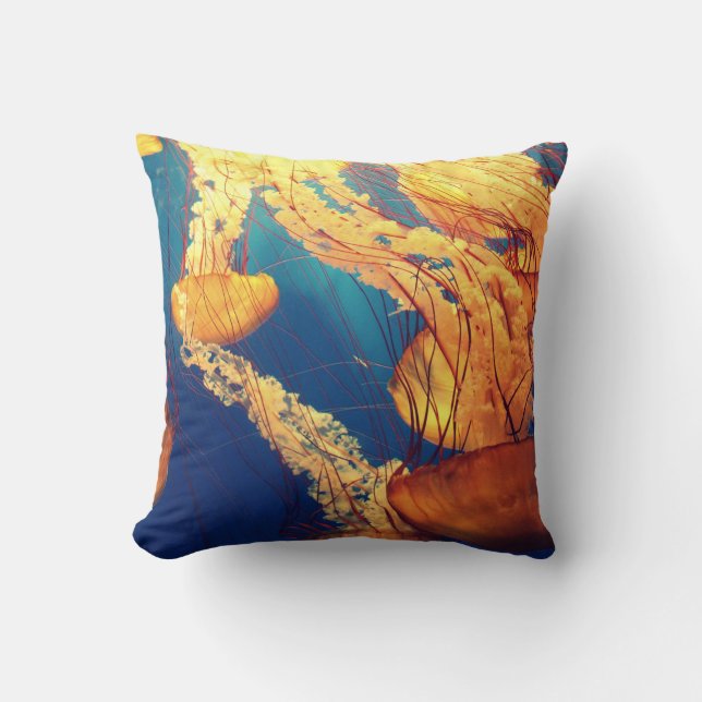 Orange Jellyfish on Blue Cushion (Front)