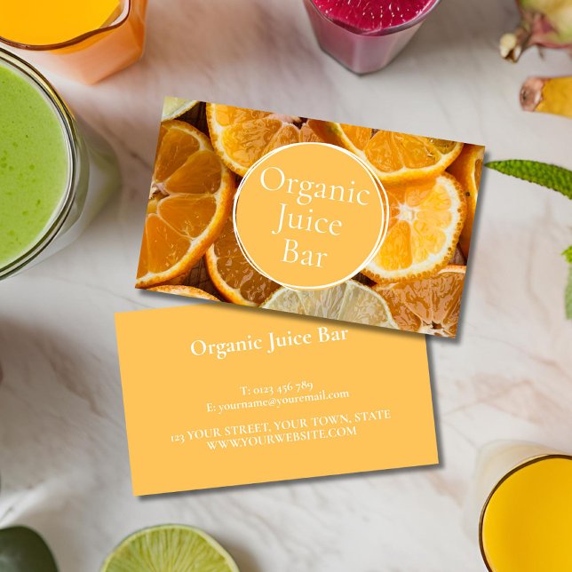 Orange Juice Bar Business Card (Orange Juice Bar business cards for shops, dieticians, health food specialist or fruit sellers.)