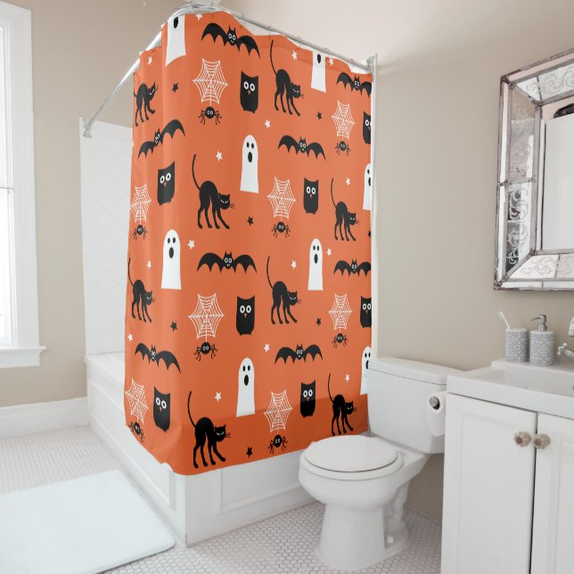 Orange Kids Halloween Print Shower Curtain (In Situ)