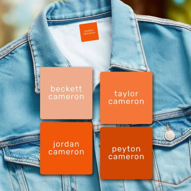 Orange Kids Name Iron On Clothing (1" x 1" clothing labels iron-on or adhesive, 2 sheets of 28 labels, USE 1 OR up to 4 NAMES)