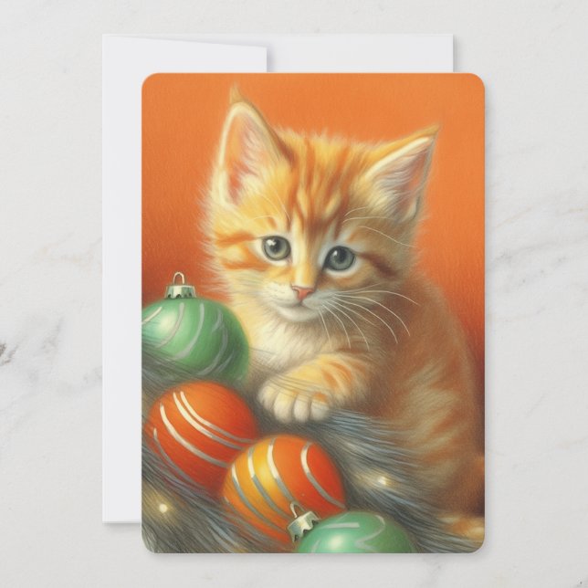 Orange Kitten Christmas Scene-Coloured Pencil Holiday Card (Front)