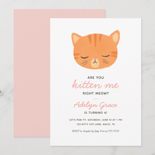 Orange Kitten Girl Birthday Invitation (Front/Back)