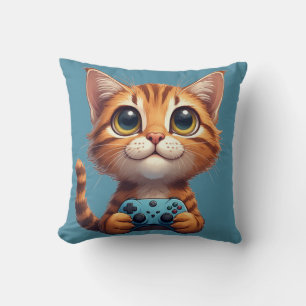 Orange Kitten Holding Game Controller Gamer Cat Cushion