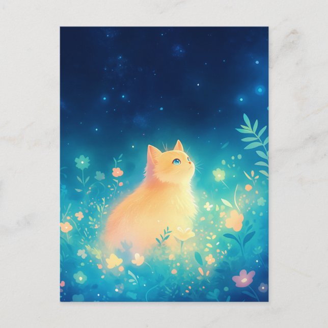 Orange Kitten in Starry Night Meadow Postcard (Front)