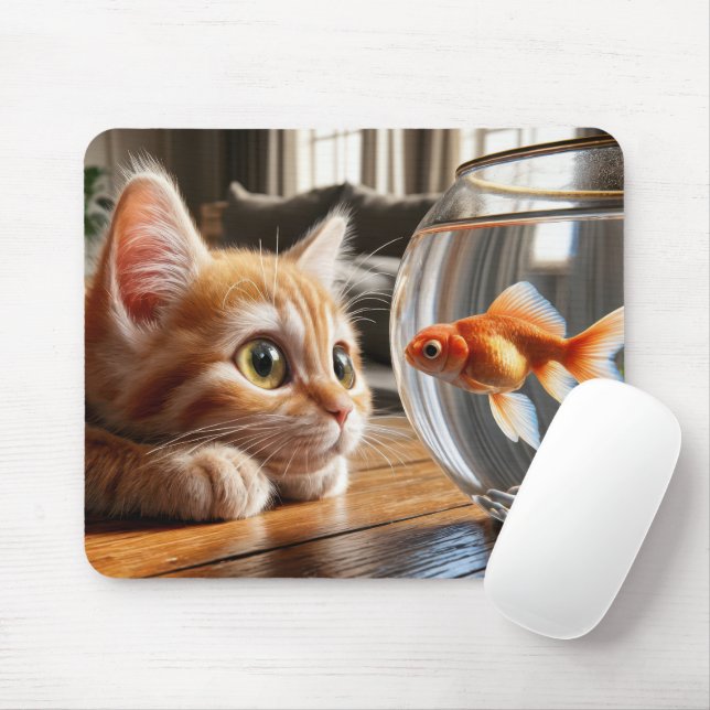 Orange Kitten Watching a Goldfish Mouse Mat (With Mouse)