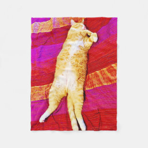 Orange kitty sleeping on red fleece blanket