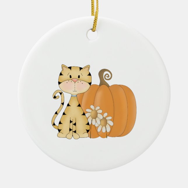 Orange Kitty w/ Pumpkin Ceramic Tree Decoration (Front)