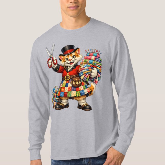 Orange kitty wearing a quilt kilt T-Shirt (Front)