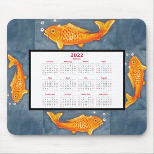 Orange Koi Fish Art Blue Pond Water 2022 Calendar Mouse Mat