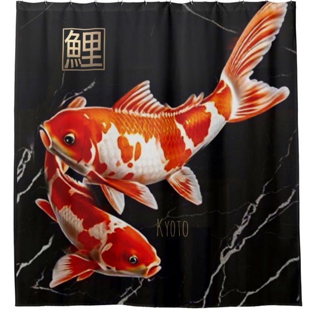Orange Koi Fish Black Marble|Gold Shower Curtain (Front)