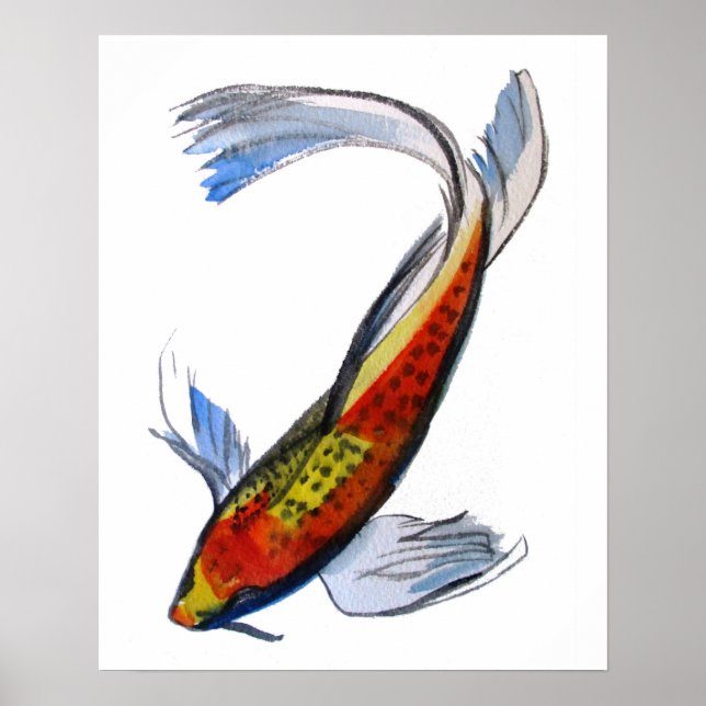 Orange Koi Japanese watercolour art fish Poster (Front)