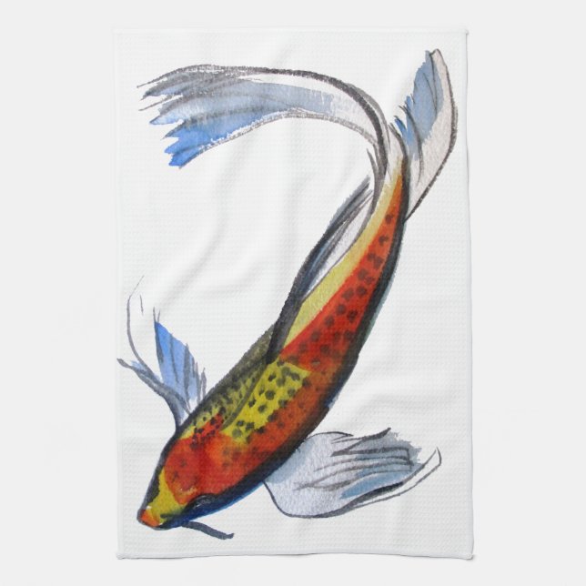 Orange Koi Japanese watercolour carp art Tea Towel (Vertical)