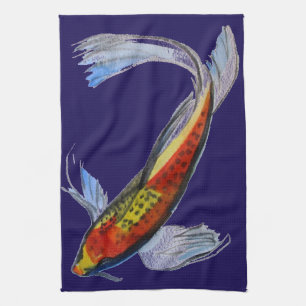 Orange Koi Japanese watercolour carp art Tea Towel