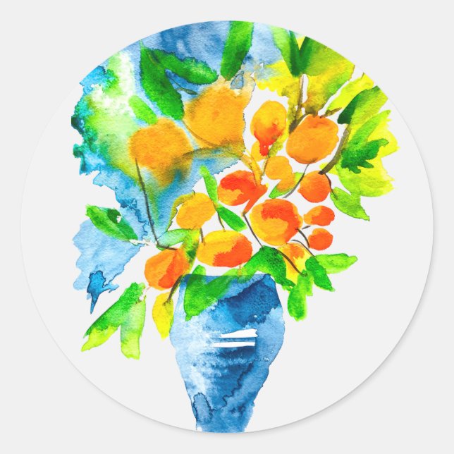 Orange kumquat fruit art watercolor classic round sticker (Front)