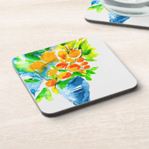 Orange kumquat fruit art watercolor coaster