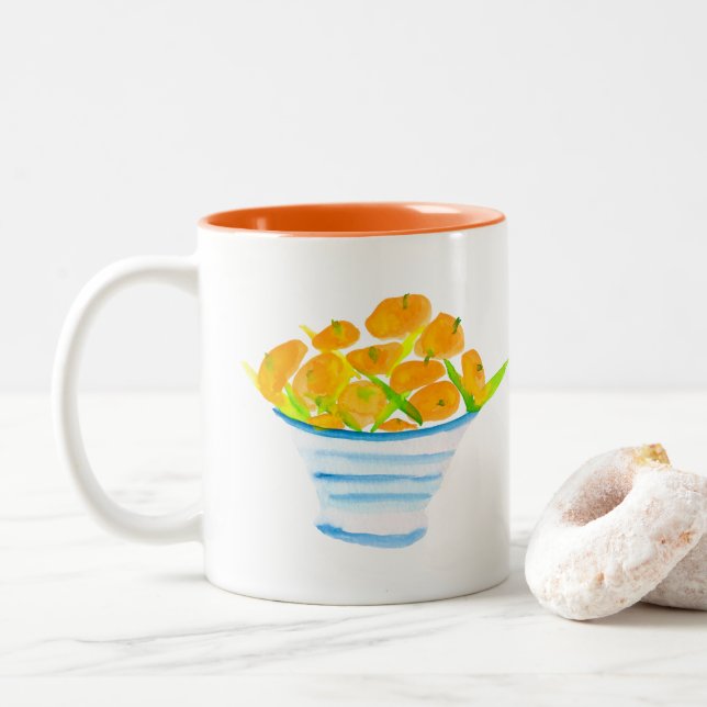 Orange kumquats watercolor fruit Two-Tone coffee mug (With Donut)