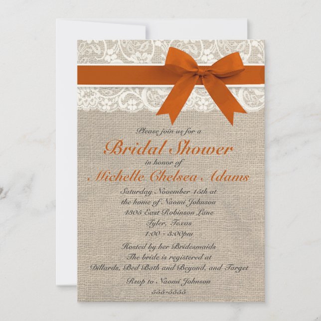 Orange Lace Burlap Bridal Shower Invitation (Front)