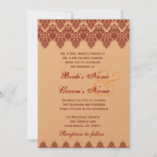 Orange Lace Damask Wedding Premium Gold Metallic Invitation