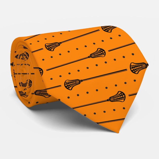 Orange Lacrosse Black Sticks & Dots Pattern Tie (Rolled)