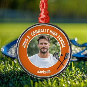 Orange Lacrosse Player Photo High School Christmas Metal Tree Decoration