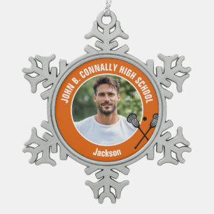 Orange Lacrosse Player Photo High School Snowflake Pewter Christmas Ornament