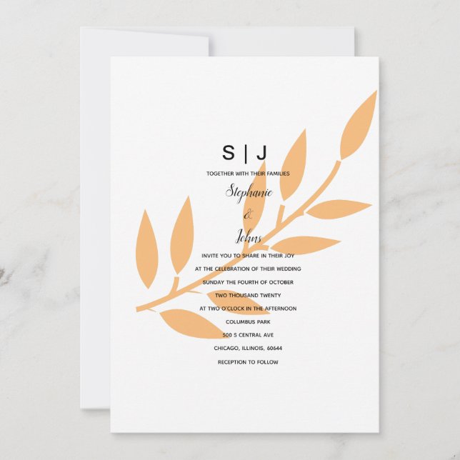 Orange Leaf Monogram Nature Minimal Wedding 2024 Invitation (Front)
