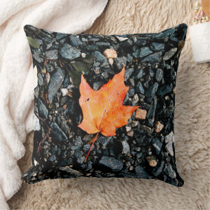 Orange Leaf on Black Rocks Cushion