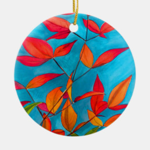 Orange leaves Autumn original watercolour art Ceramic Tree Decoration