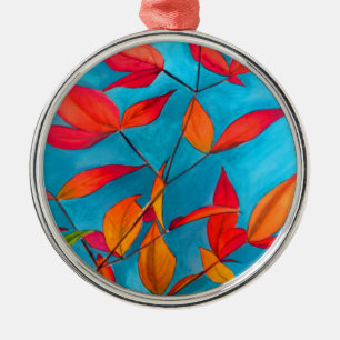 Orange leaves Autumn original watercolour art Metal Tree Decoration