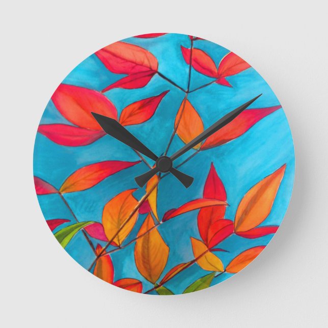 Orange leaves Autumn original watercolour art Round Clock (Front)